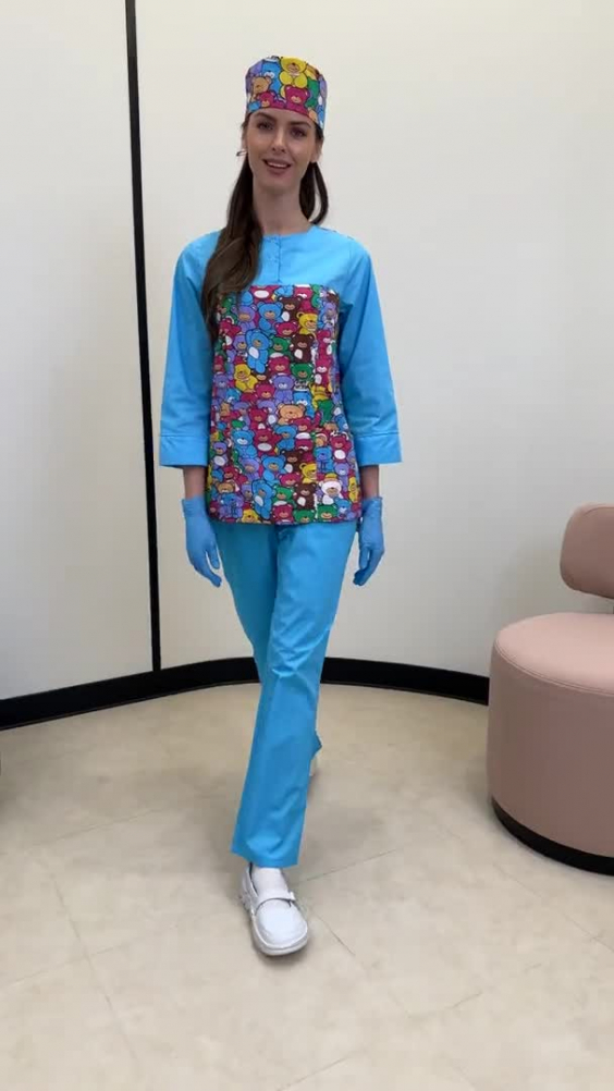 Блуза ЛИНДРЕД (Lindred) ОРИОН Лайт женская голубая/принт мишки, рукав 3/4